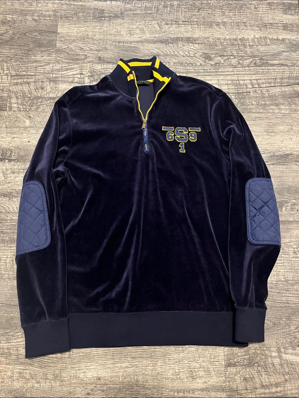 Sean John Navy Velvet Quarter-Zip Sweater with Yellow Trim